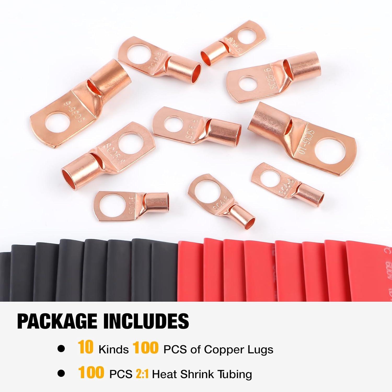 imageYUZES 200PCS Copper Wire Lugs AWG12 10 8 6 4 2 with Heat Shrink Set Battery Cable Ends Ring Terminals Connectors Crimp Terminals for Automotive Marine RV Solar Inverter ampamp Audio Applications