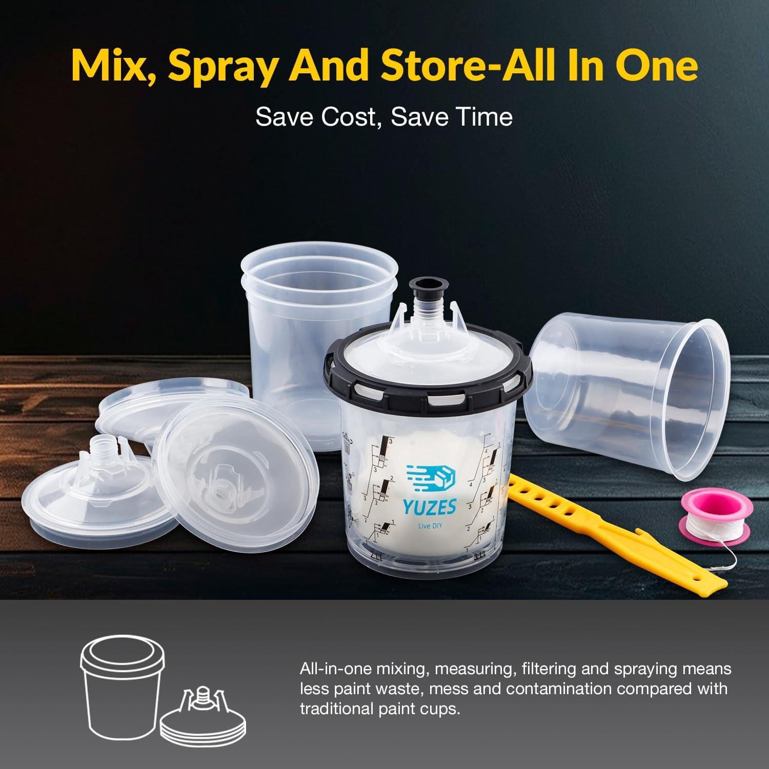imageYUZES Disposable Paint Cups for Spray Gun 20 Ounce 600ml 50 Disposable Paint Cup with Lids 2 Hard Mixing Cups with Retainer Ring 20 Plugs PTFE Tape Stirrer for LVLP HVLP Spray GunDPS011 with Pink PTFE Tape