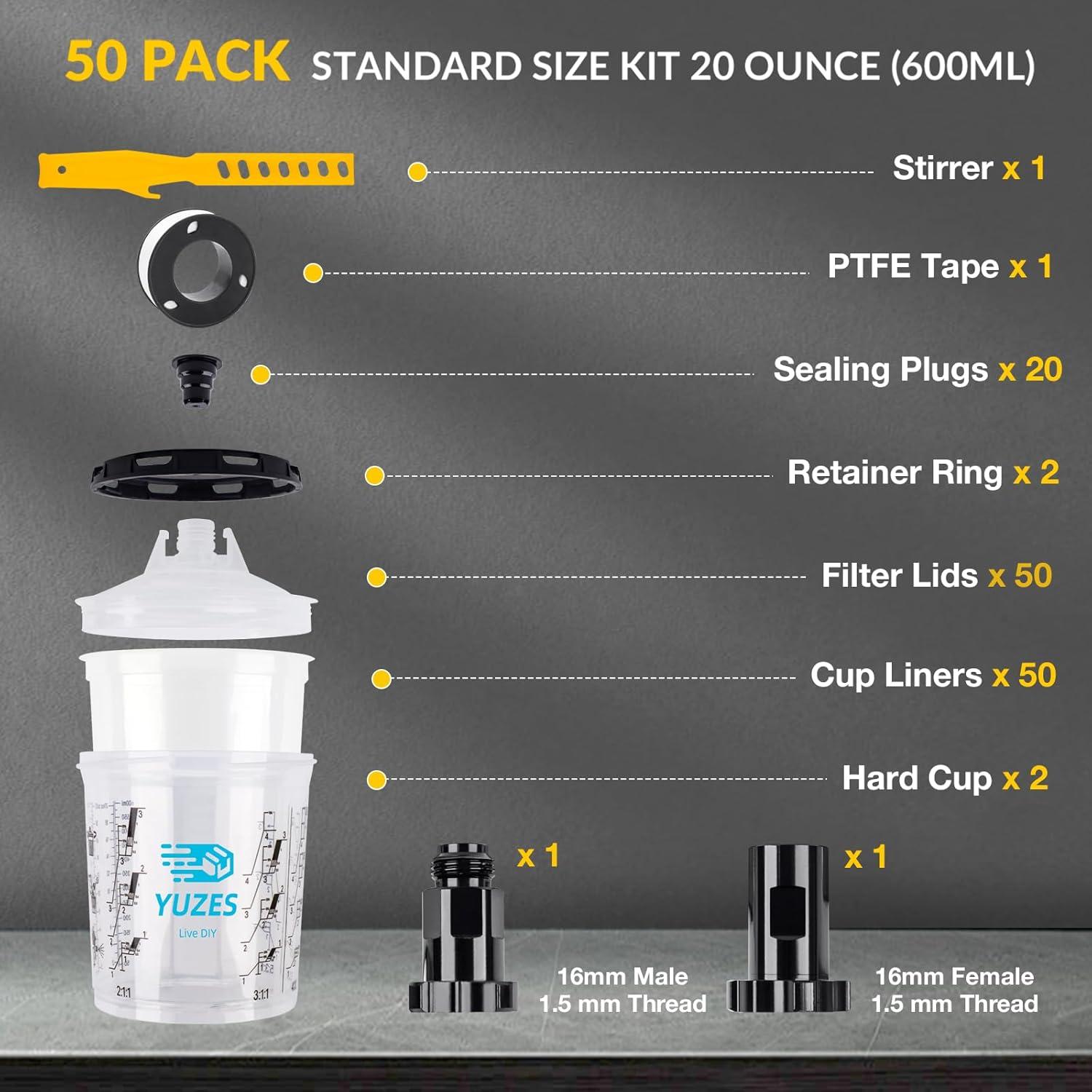 imageYUZES Disposable Paint Cups for Spray Gun 20 Ounce 600ml 50 Disposable Paint Cup with Lids 2 Hard Mixing Cups with Retainer Ring 20 Plugs PTFE Tape Stirrer for LVLP HVLP Spray GunDPS021Pro with Black PTFE Tape