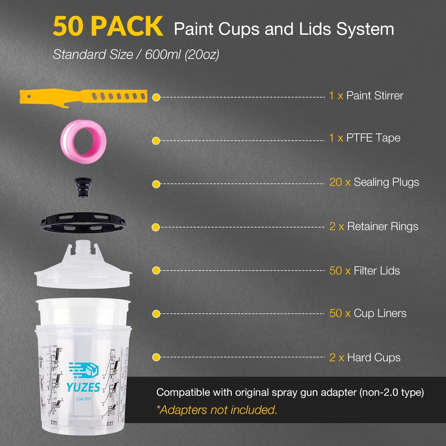 imageYUZES Disposable Paint Cups for Spray Gun 20 Ounce 600ml 50 Disposable Paint Cup with Lids 2 Hard Mixing Cups with Retainer Ring 20 Plugs PTFE Tape Stirrer for LVLP HVLP Spray GunDPS011 with Pink PTFE Tape