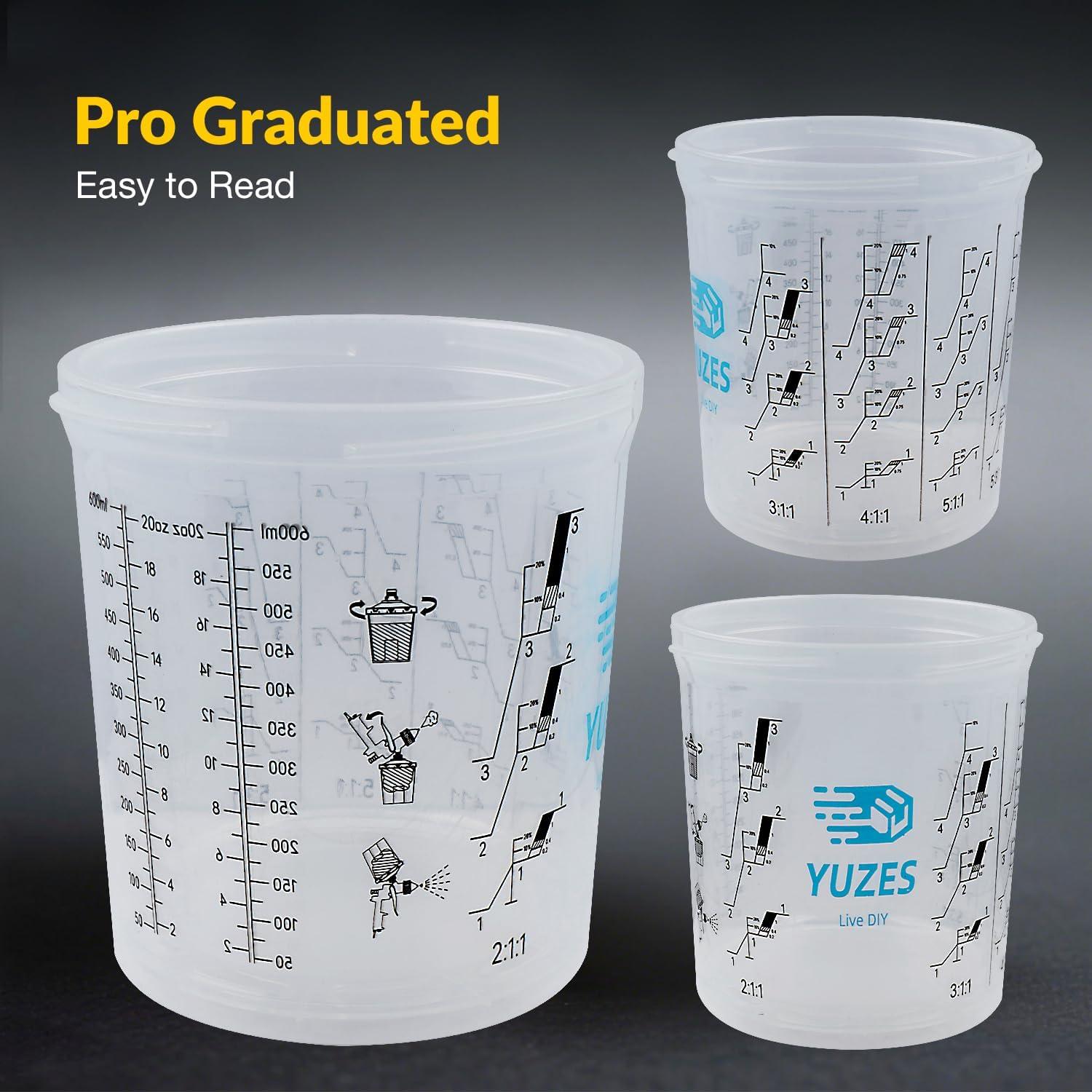 imageYUZES Disposable Paint Cups for Spray Gun 20 Ounce 600ml 50 Disposable Paint Cup with Lids 2 Hard Mixing Cups with Retainer Ring 20 Plugs PTFE Tape Stirrer for LVLP HVLP Spray GunDPS011 with Pink PTFE Tape