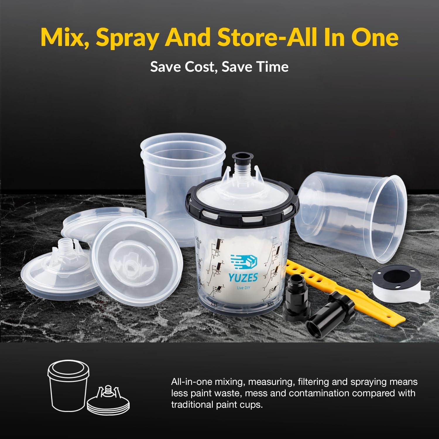 imageYUZES Disposable Paint Spray Gun Cup Kit  20 Ounce 600ml 50 Disposable Paint Cups with Lids 190Micron Filter 2 Hard Cup with Retainer Ring 20 Plugs 2 Spray Gun Adapter PTFE Tape Stirrer