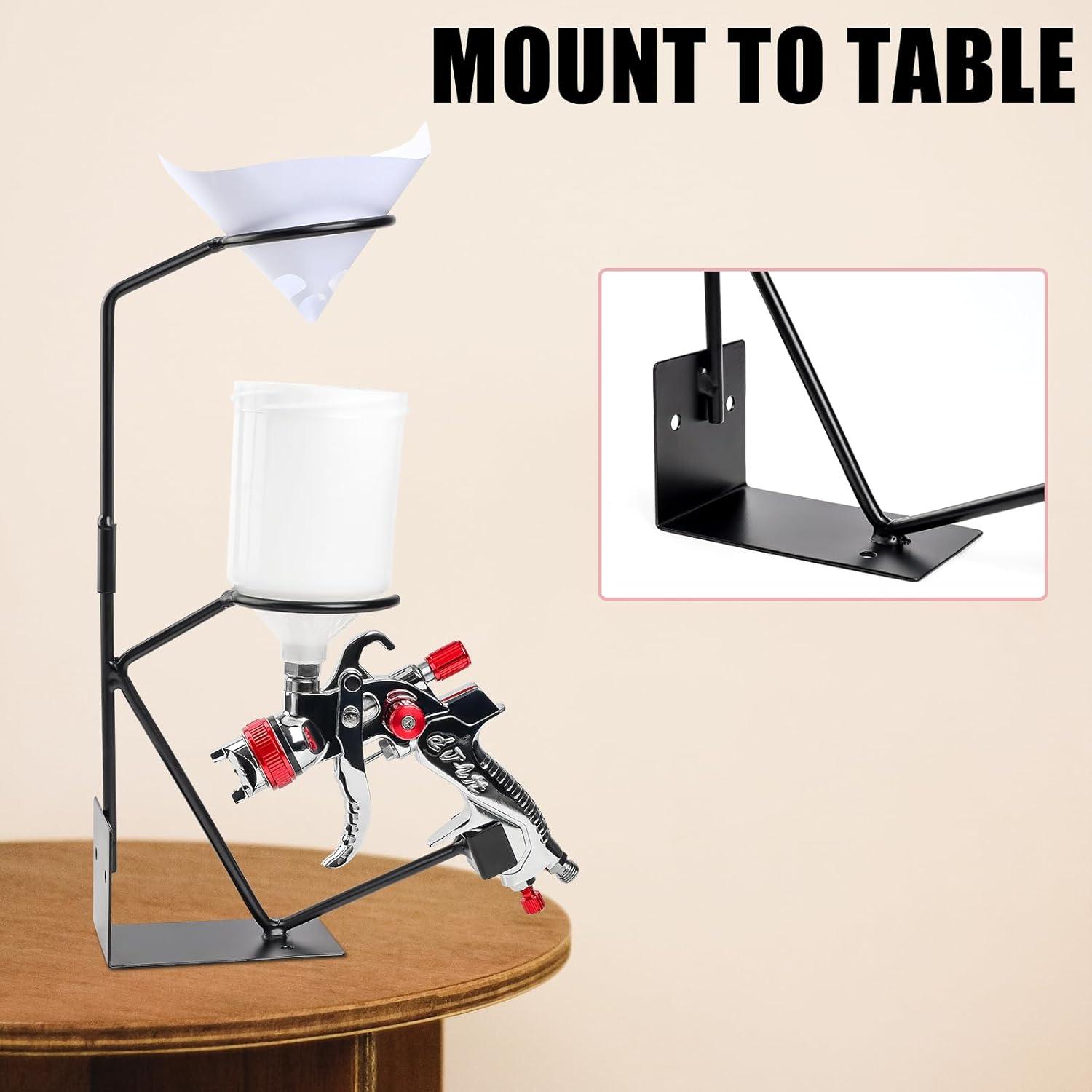 imageYUZES Gravity Feed Paint Spray Gun Holder Stand with 100PCS Nylon Mesh Paint Strainers and Removable Strainer Holder for WallMounted or Bench Mount