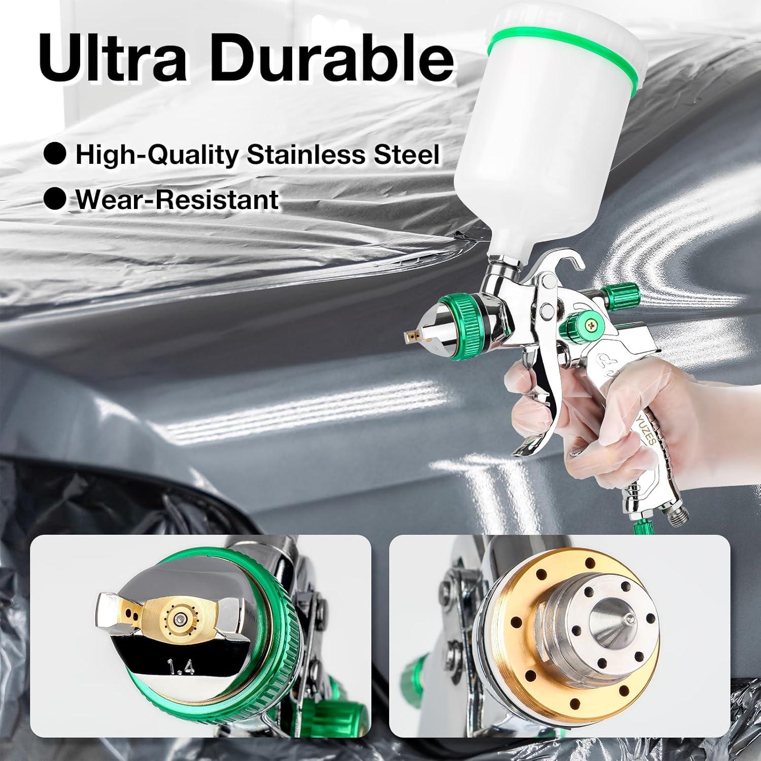 imageYUZES HVLP Spray Gun Kit with 141720mm Nozzles ampamp Air Filter with Pressure Gauge Easy to Use Spray Paint Gun for Cars Air Spray Gun for Painting Cars Furniture DIY Painting Primer Clear CoatGreen