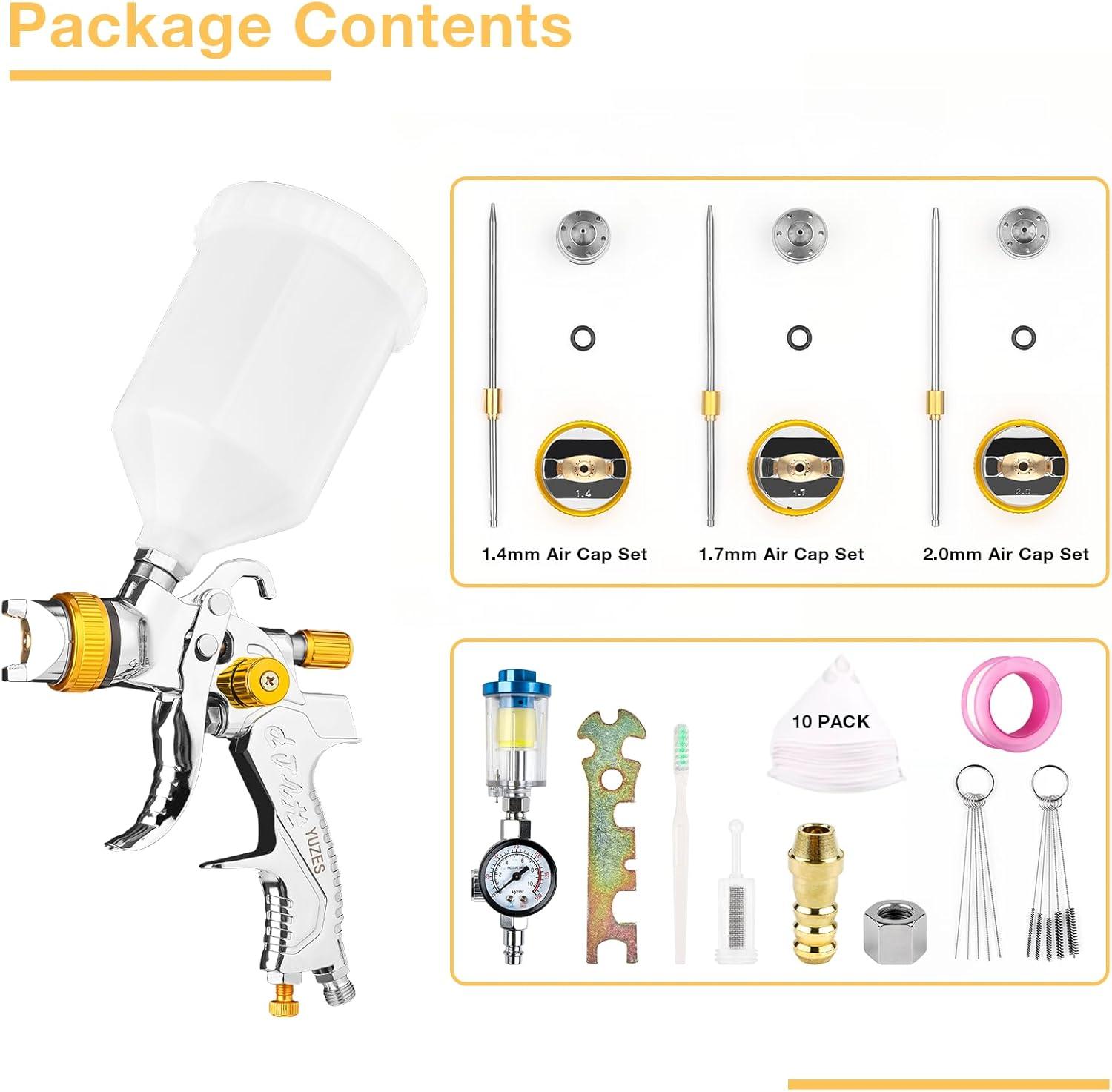 imageYUZES HVLP Spray Gun Kit with 141720mm Nozzles ampamp Air Filter with Pressure Gauge Easy to Use Spray Paint Gun for Cars Air Spray Gun for Painting Cars Furniture DIY Painting Primer Clear CoatYellow