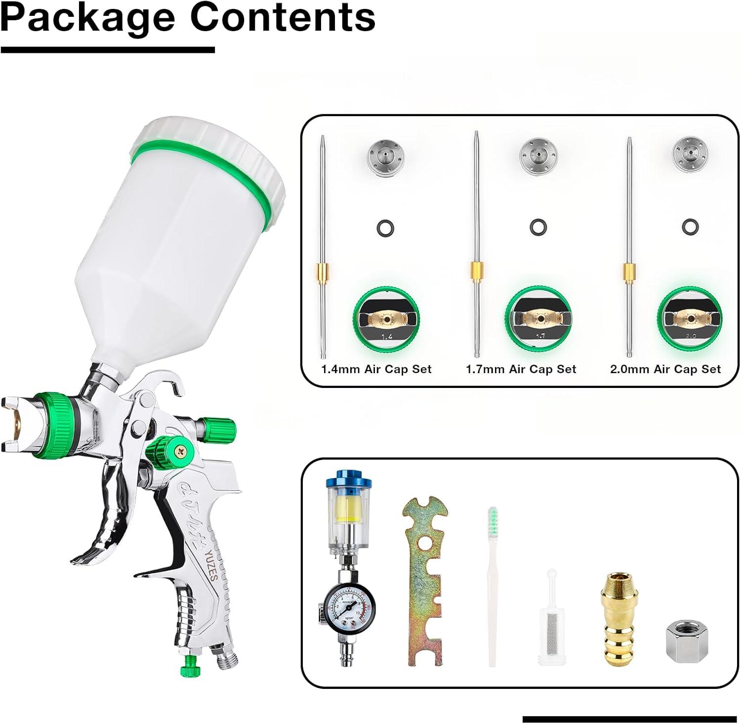 imageYUZES HVLP Spray Gun Kit with 141720mm Nozzles ampamp Air Filter with Pressure Gauge Easy to Use Spray Paint Gun for Cars Air Spray Gun for Painting Cars Furniture DIY Painting Primer Clear CoatGreen