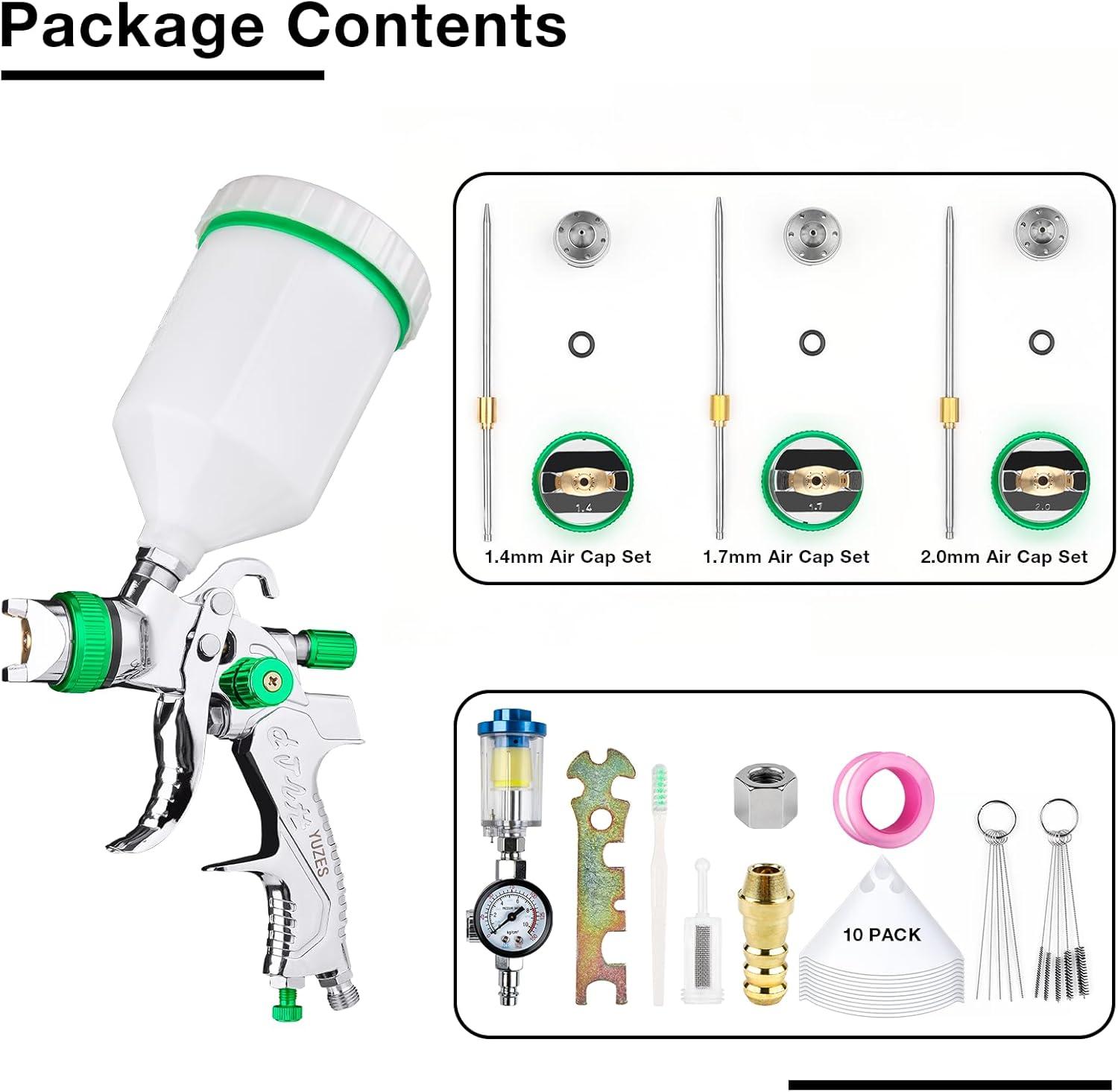 imageYUZES HVLP Spray Gun Kit with 141720mm Nozzles ampamp Air Filter with Pressure Gauge Easy to Use Spray Paint Gun for Cars Air Spray Gun for Painting Cars Furniture DIY Painting Primer Clear CoatGreen A
