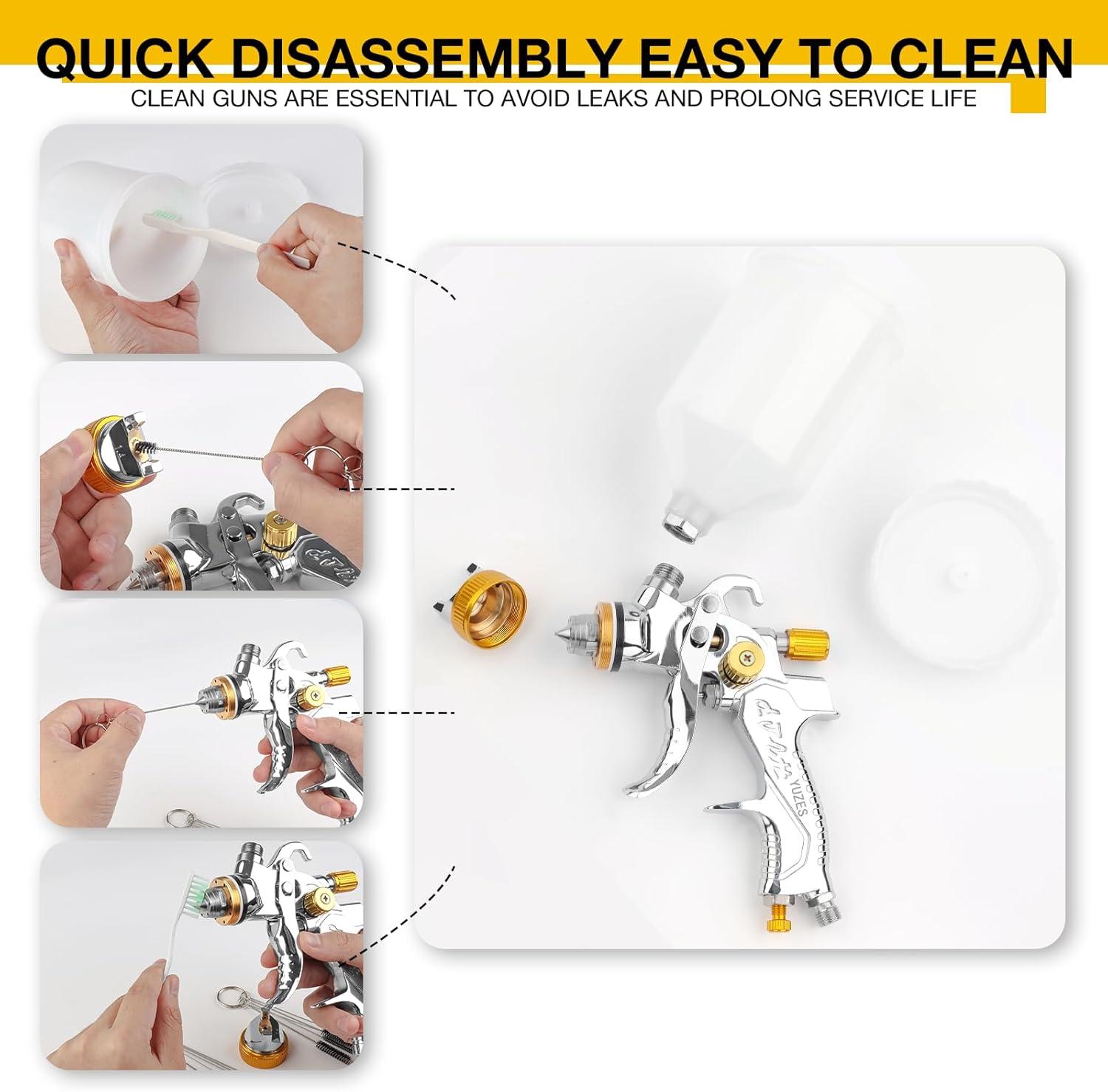imageYUZES HVLP Spray Gun Kit with 141720mm Nozzles ampamp Air Filter with Pressure Gauge Easy to Use Spray Paint Gun for Cars Air Spray Gun for Painting Cars Furniture DIY Painting Primer Clear CoatYellow