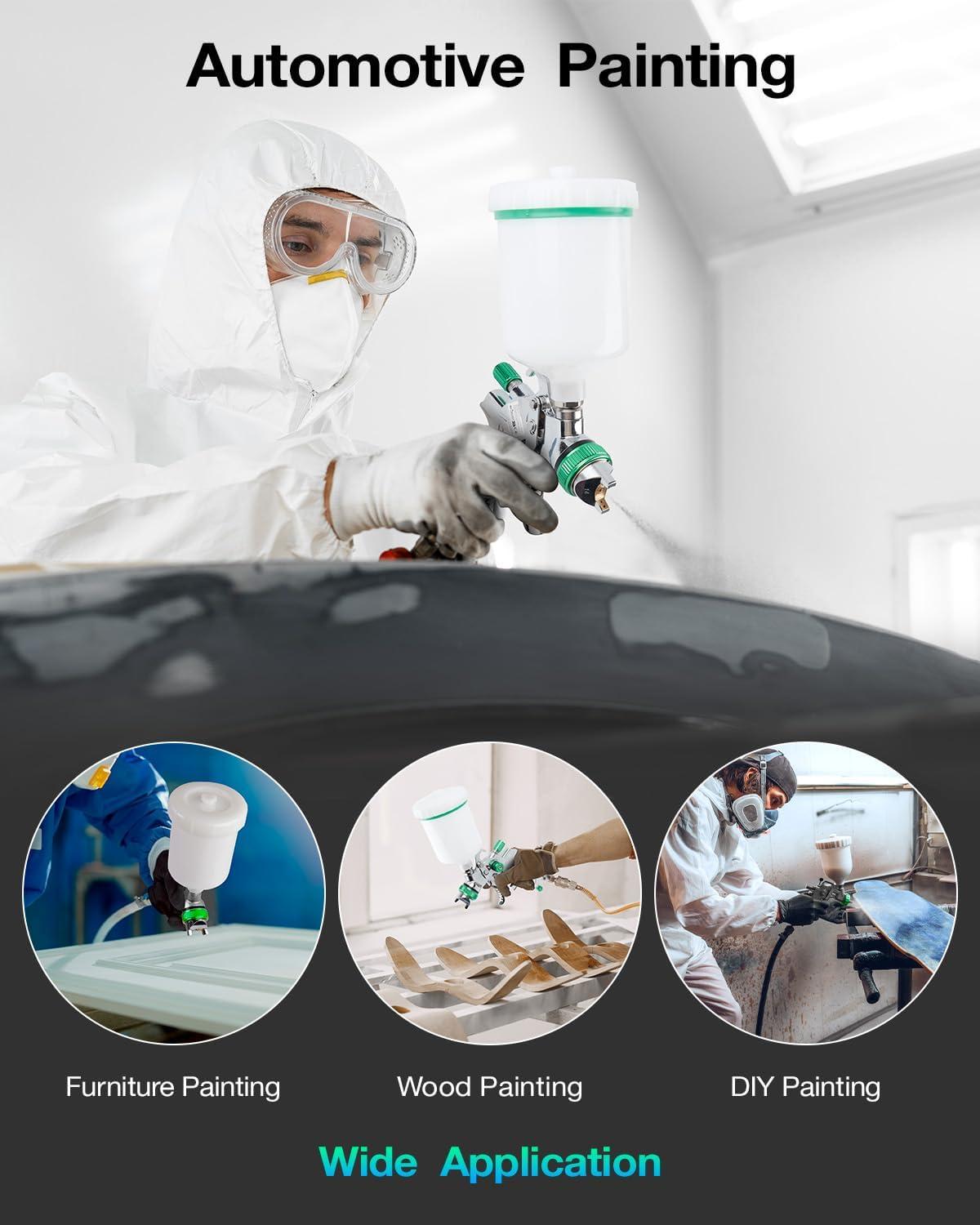 imageYUZES HVLP Spray Gun Kit with 141720mm Nozzles ampamp Air Filter with Pressure Gauge Easy to Use Spray Paint Gun for Cars Air Spray Gun for Painting Cars Furniture DIY Painting Primer Clear CoatGreen A