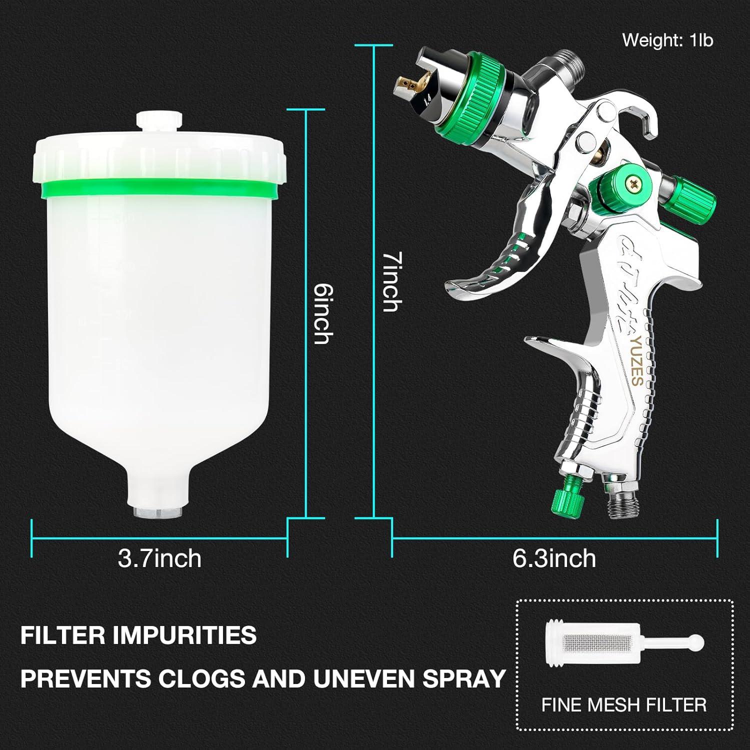imageYUZES HVLP Spray Gun Kit with 141720mm Nozzles ampamp Air Filter with Pressure Gauge Easy to Use Spray Paint Gun for Cars Air Spray Gun for Painting Cars Furniture DIY Painting Primer Clear CoatGreen