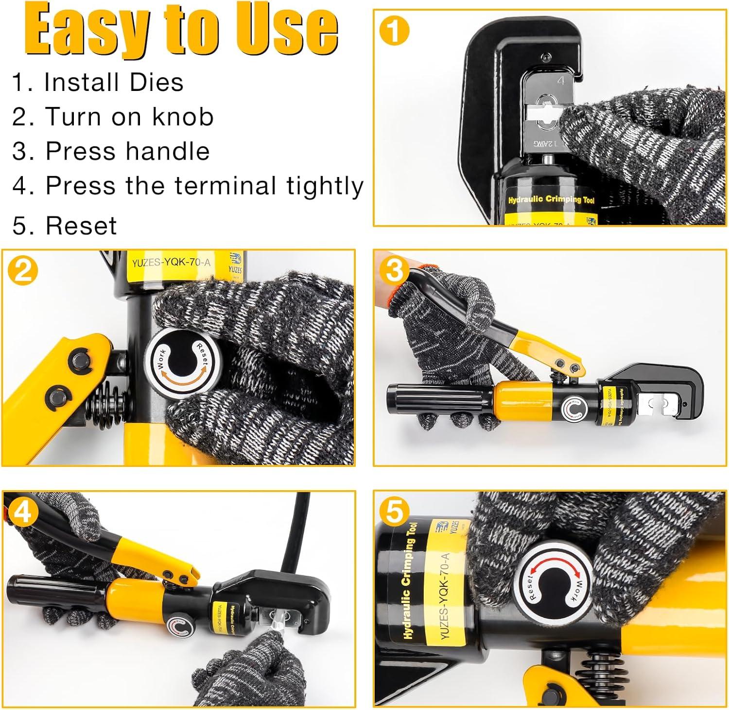 imageYUZES Hydraulic Crimping Tool 10 Tons 12 AWG to 20 Battery Cable Crimper Tool with 9 Dies Easy to Operate Hydraulic Wire Crimping Tool Kit for Wire Rope Battery Cable Ends Ring TerminalsYQK70ACC01
