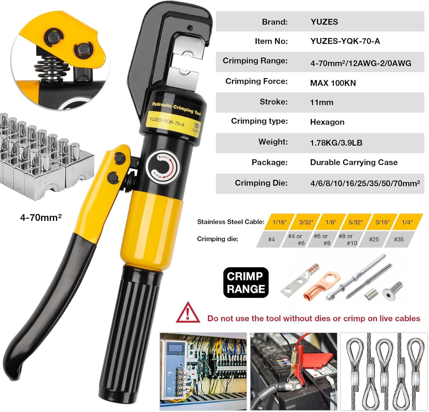 imageYUZES Hydraulic Crimping Tool 10 Tons 12 AWG to 20 Battery Cable Crimper Tool with 9 Dies Easy to Operate Hydraulic Wire Crimping Tool Kit for Wire Rope Battery Cable Ends Ring TerminalsYQK70ACC01