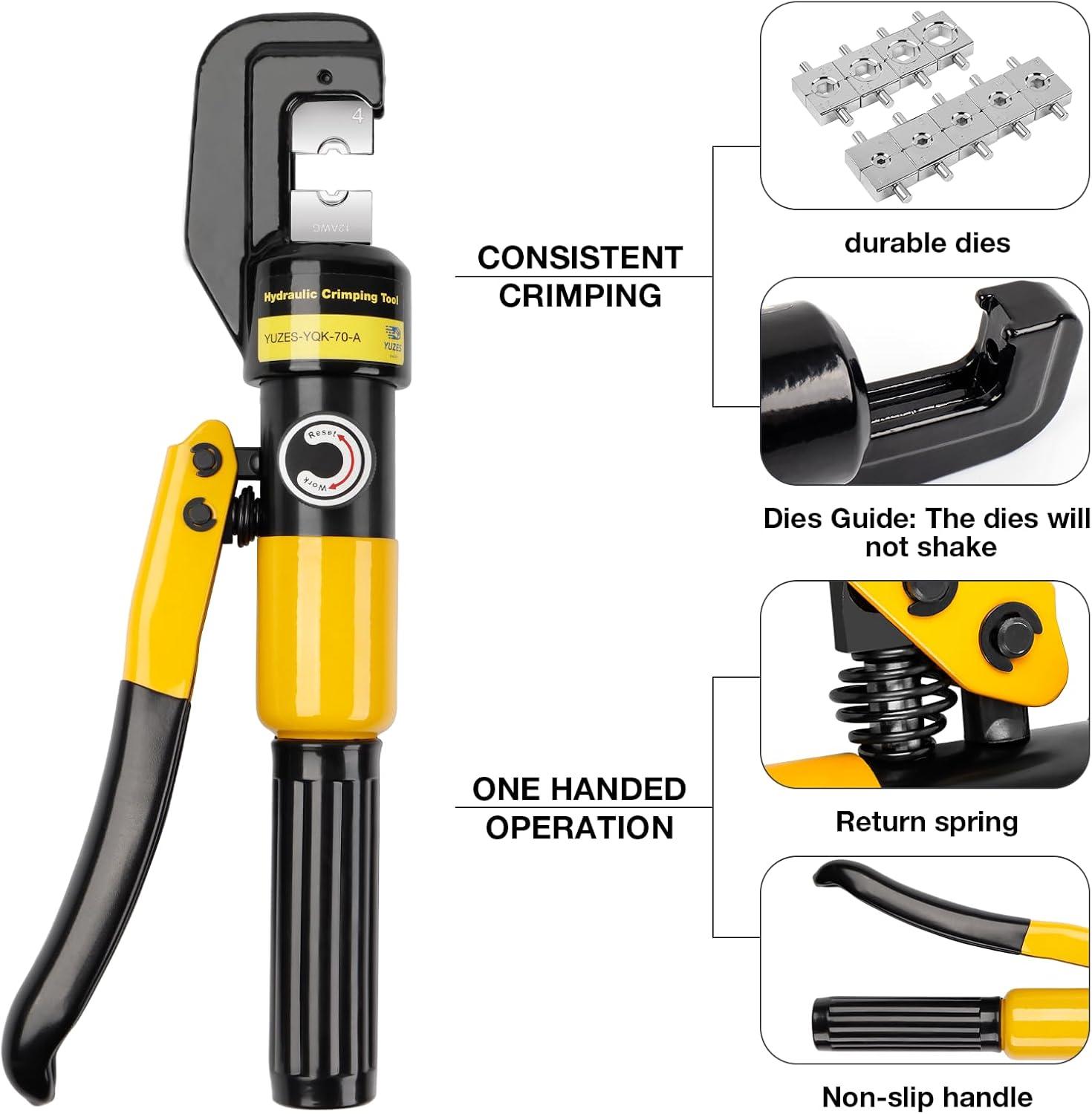 imageYUZES Hydraulic Crimping Tool 10 Tons 12 AWG to 20 Battery Cable Crimper Tool with 9 Dies Easy to Operate Hydraulic Wire Crimping Tool Kit for Wire Rope Battery Cable Ends Ring TerminalsYQK70A
