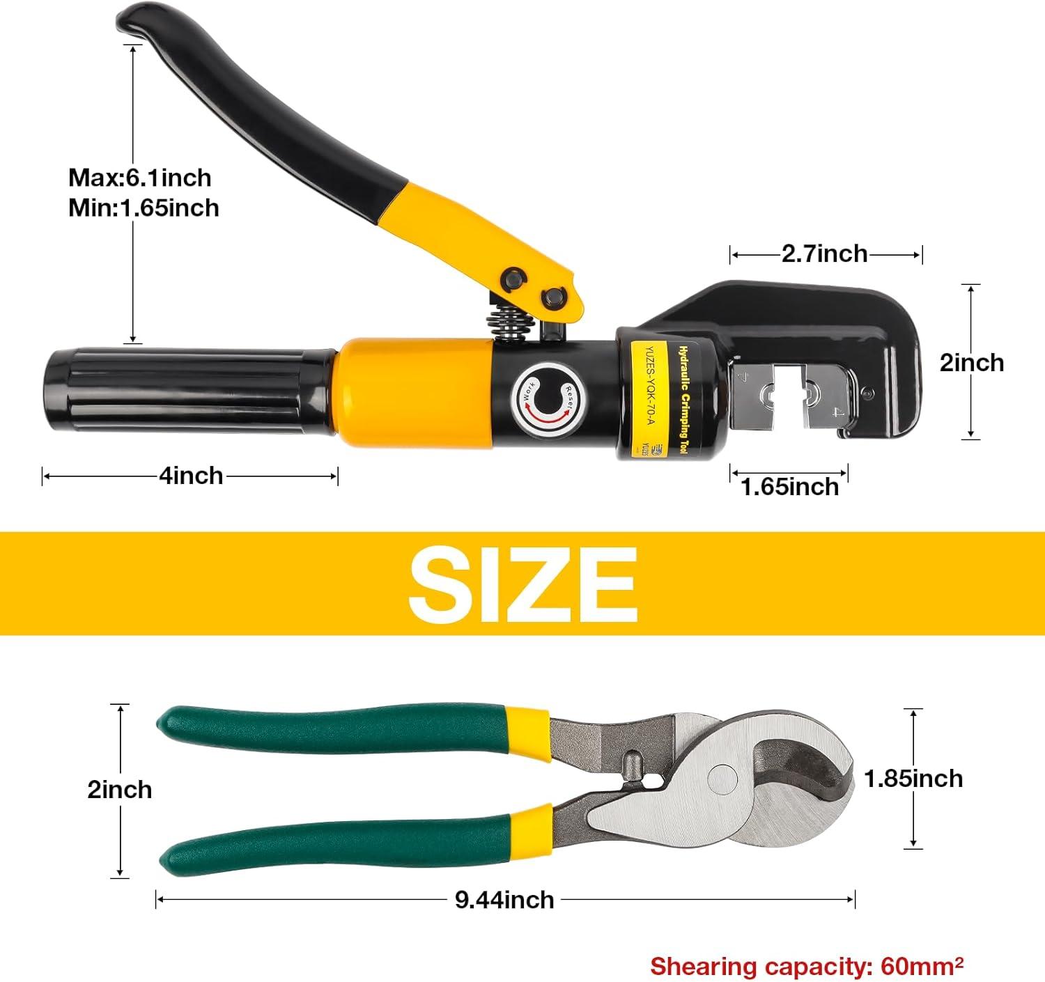 imageYUZES Hydraulic Crimping Tool 10 Tons 12 AWG to 20 Battery Cable Crimper Tool with 9 Dies Easy to Operate Hydraulic Wire Crimping Tool Kit for Wire Rope Battery Cable Ends Ring TerminalsYQK70ACC01