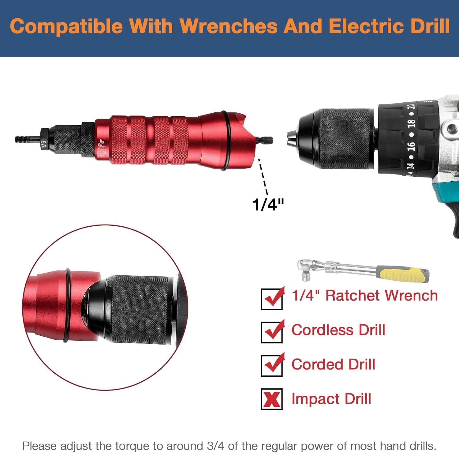 imageYUZES Rivet Nut Tool Drill Adapter Kit LaborSaving Rivet Nut Gun Cordless with 10 Mandrels and 50 Rivet Nuts Rivnut Tool Kit for Nutsert Cars Metalwork Home Improvement DIY  10 Series