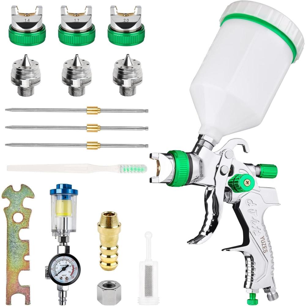 imageYUZES HVLP Spray Gun Kit with 141720mm Nozzles ampamp Air Filter with Pressure Gauge Easy to Use Spray Paint Gun for Cars Air Spray Gun for Painting Cars Furniture DIY Painting Primer Clear CoatGreen
