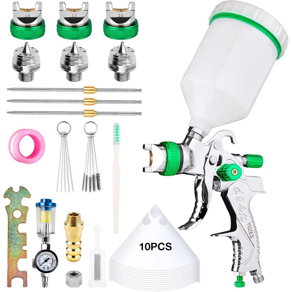 imageYUZES HVLP Spray Gun Kit with 141720mm Nozzles ampamp Air Filter with Pressure Gauge Easy to Use Spray Paint Gun for Cars Air Spray Gun for Painting Cars Furniture DIY Painting Primer Clear CoatGreen A