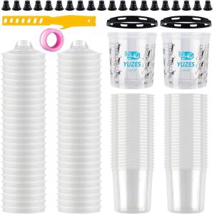 imageYUZES Disposable Paint Cups for Spray Gun 20 Ounce 600ml 50 Disposable Paint Cup with Lids 2 Hard Mixing Cups with Retainer Ring 20 Plugs PTFE Tape Stirrer for LVLP HVLP Spray GunDPS011 with Pink PTFE Tape