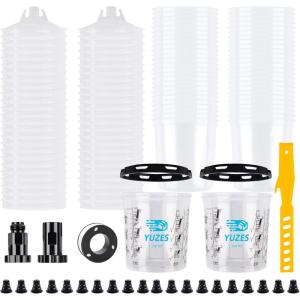 imageYUZES Disposable Paint Cups for Spray Gun 20 Ounce 600ml 50 Disposable Paint Cup with Lids 2 Hard Mixing Cups with Retainer Ring 20 Plugs PTFE Tape Stirrer for LVLP HVLP Spray GunDPS021Pro with Black PTFE Tape