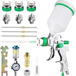 imageYUZES HVLP Spray Gun Kit with 141720mm Nozzles ampamp Air Filter with Pressure Gauge Easy to Use Spray Paint Gun for Cars Air Spray Gun for Painting Cars Furniture DIY Painting Primer Clear CoatGreen