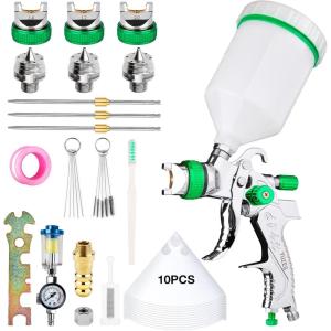 imageYUZES HVLP Spray Gun Kit with 141720mm Nozzles ampamp Air Filter with Pressure Gauge Easy to Use Spray Paint Gun for Cars Air Spray Gun for Painting Cars Furniture DIY Painting Primer Clear CoatGreen A