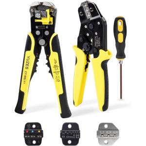 imageYUZES Automatic Wire Stripper and Crimping Tool Kit for Heat Shrink Insulated Terminals Open Barrel Ferrule Female Male ampamp Solar Connectors  Ratcheting Wire Crimper with 4 Replace Dies 2414AWG